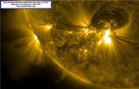 The view of the sunspot regions on Sept 16, 2010 at 0217 UTC by SDO AIA at 171 Angstroms