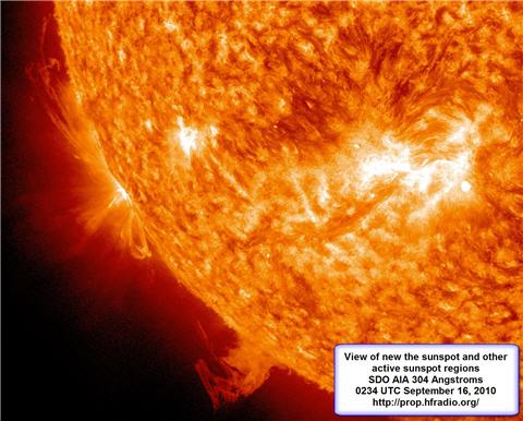 The view of the sunspot regions on Sept 16, 2010 at 0234 UTC by SDO AIA at 304 Angstroms
